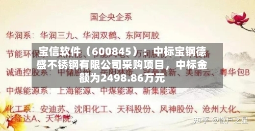 宝信软件(600845):中标宝钢德盛不锈钢有限公司采购项目,中标金额为2498.86万元